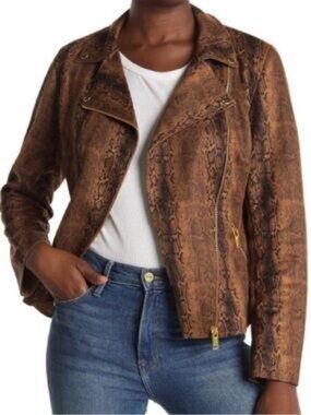 Philosophy Republic Brown Snake-Print Leather Moto Jacket